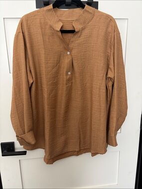 Womens Casual Mandarin Collar Button-Down Shirt in Camel Brown
